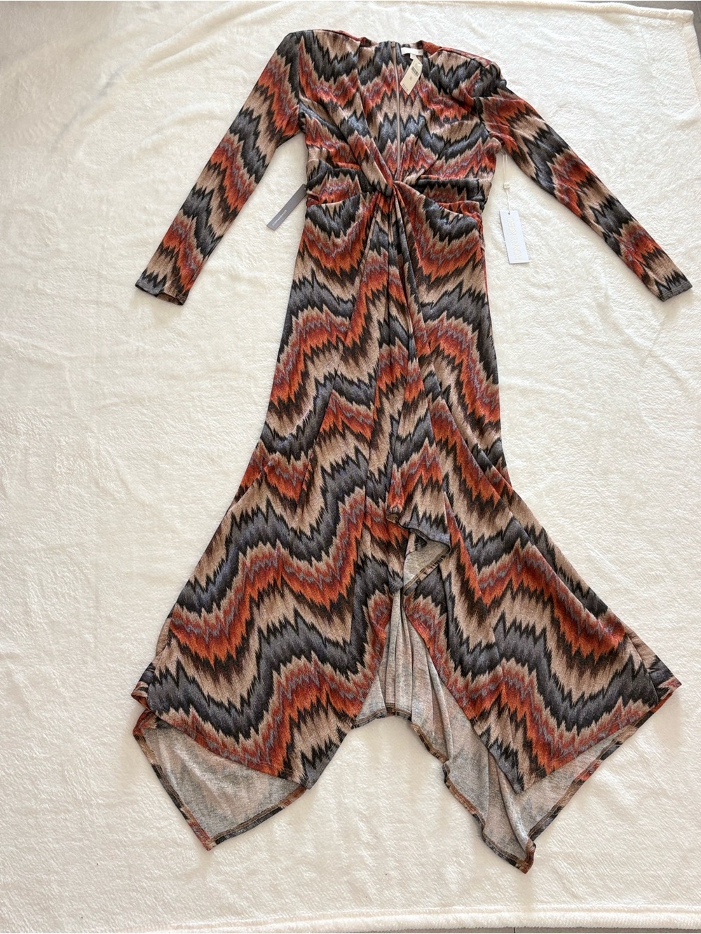 Ronny Kobo Collection Chevron Wrap Maxi Dress in Rust, Black & Cream $498